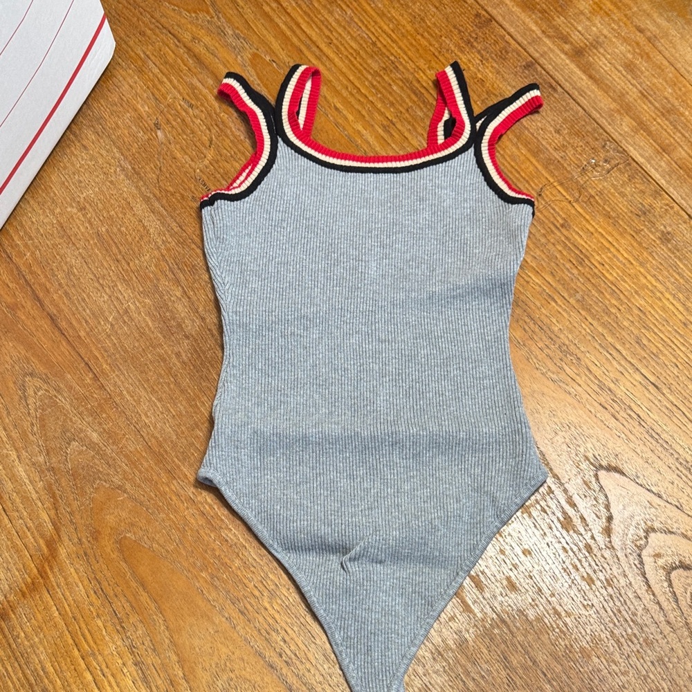 Rehab Gray Bodysuit with Red and Black Accents